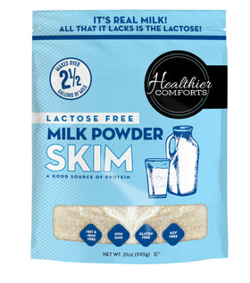 Healthier Comforts lactose-free skim milk powder in a bag for convenient pantry storage
