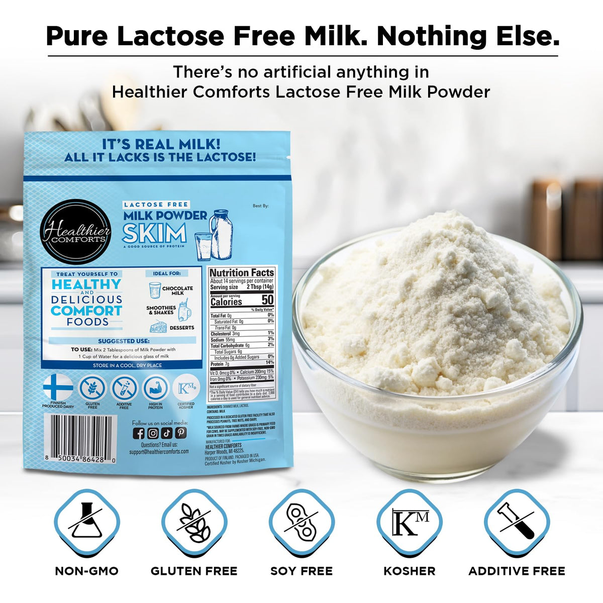 Healthier Comforts lactose-free skim milk powder in a baking dish for baking.
