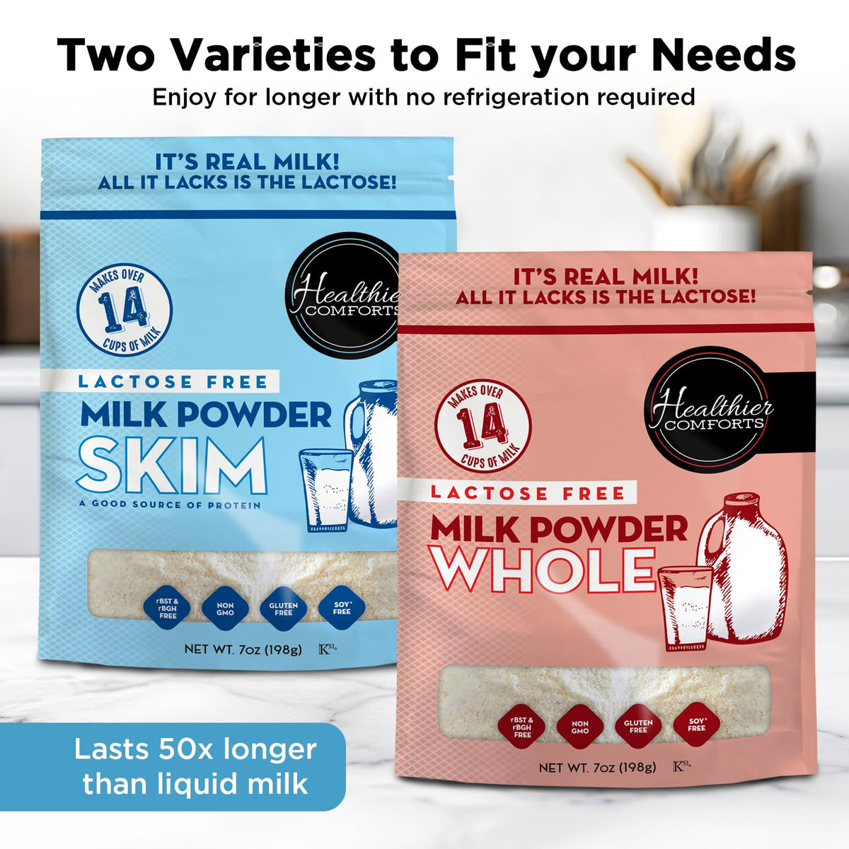 Healthier Comforts lactose-free skim milk powder dissolving in a glass for mixing