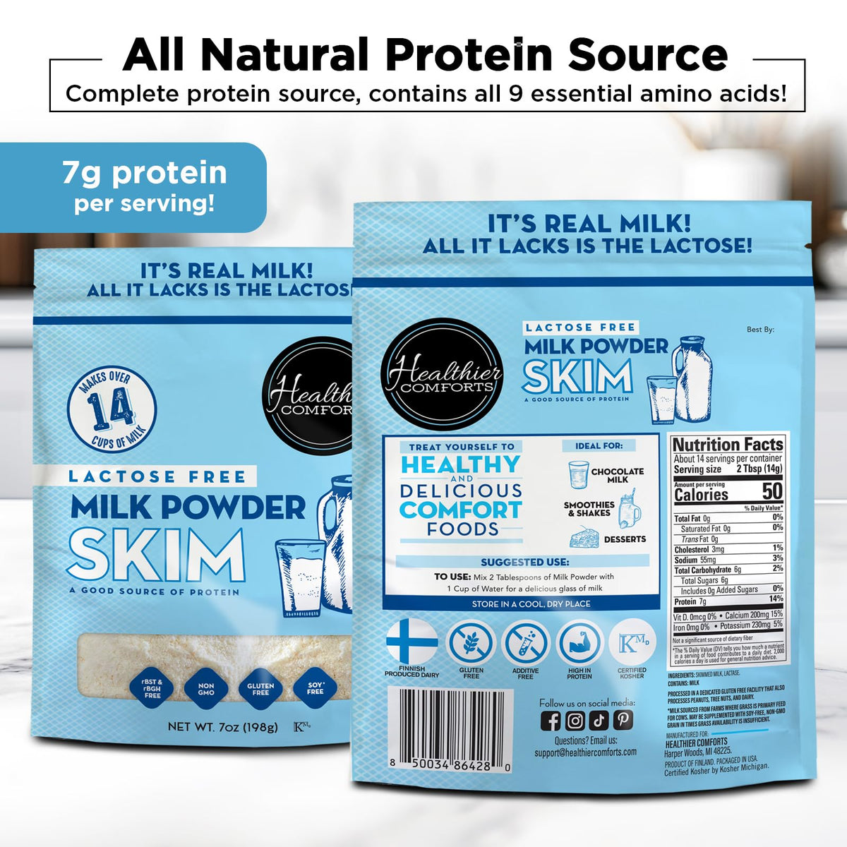 Healthier Comforts lactose-free skim milk powder label highlights non-GMO.