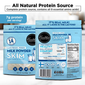 Healthier Comforts lactose-free skim milk powder label highlights non-GMO.