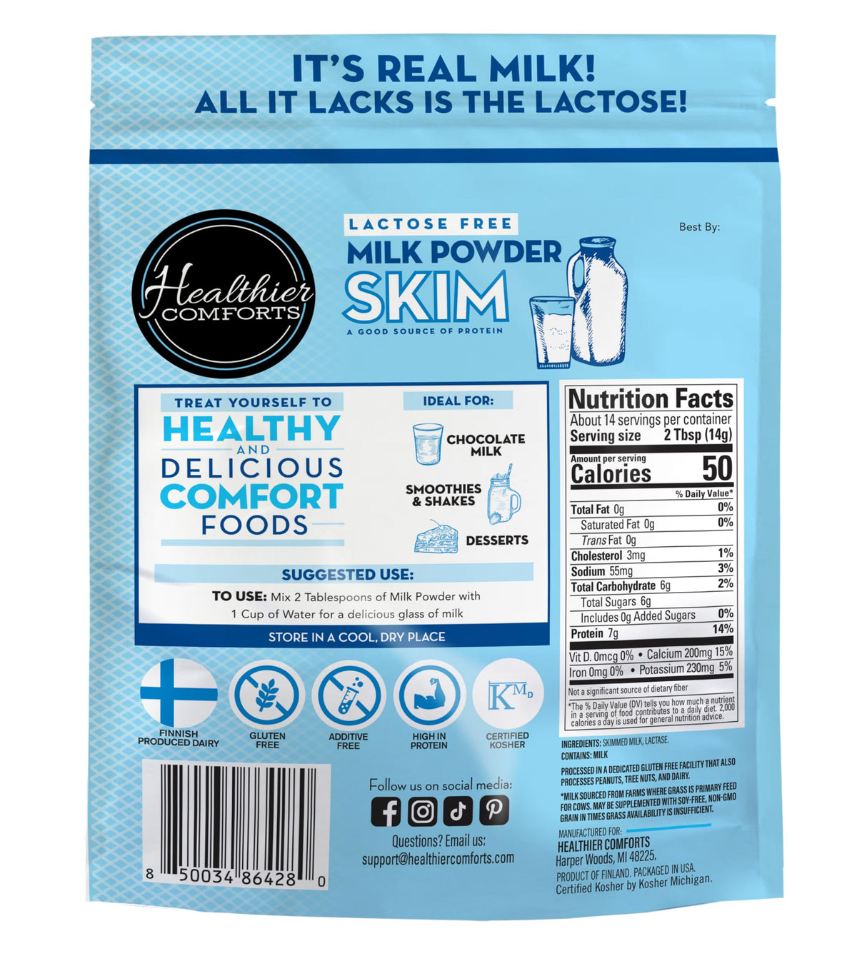Healthier Comforts lactose-free skim milk powder pouring into a cup.