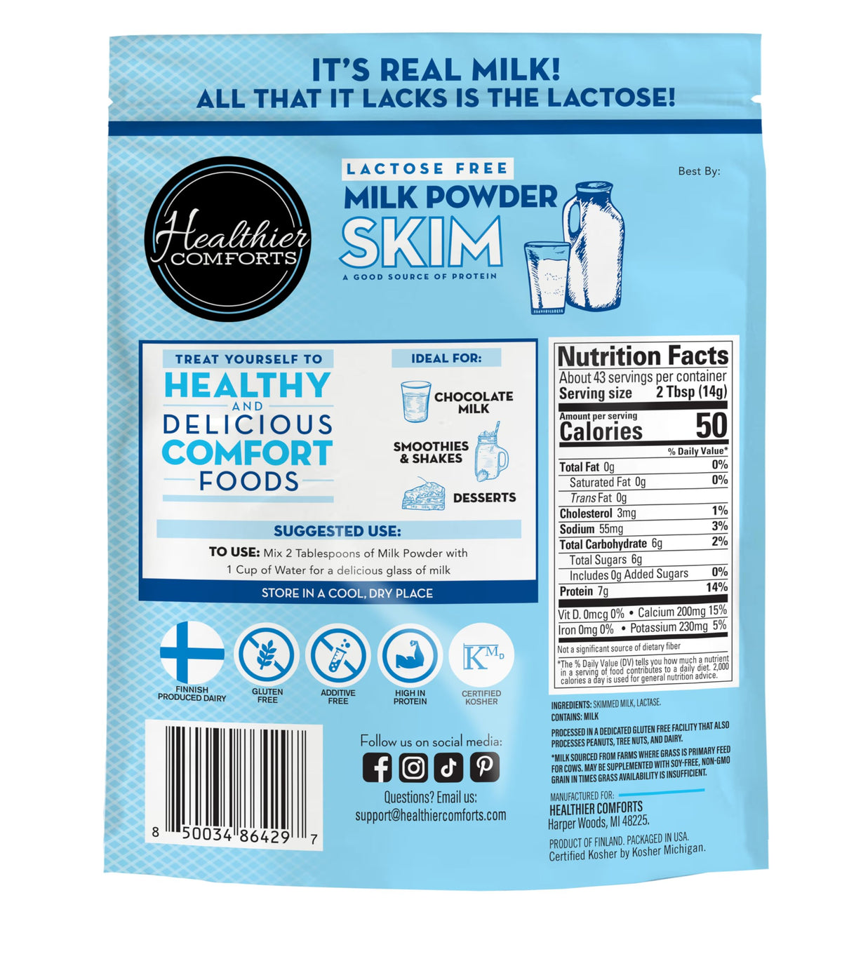 Scoop of Healthier Comforts lactose-free skim milk powder for easy measuring