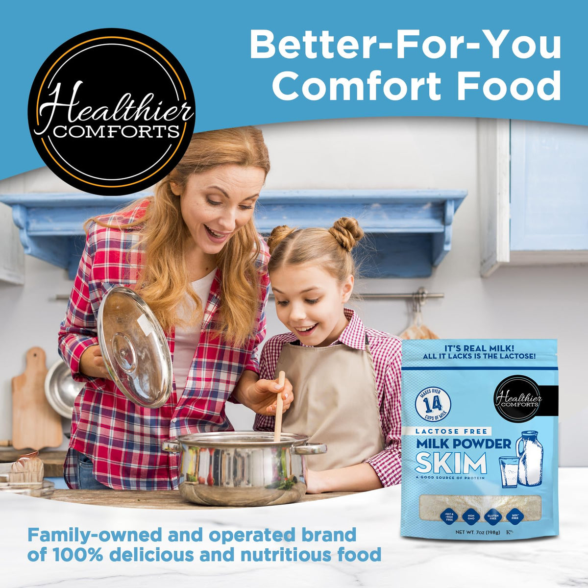 Healthier Comforts lactose-free skim milk powder resealable bag for shelf-stable storage.