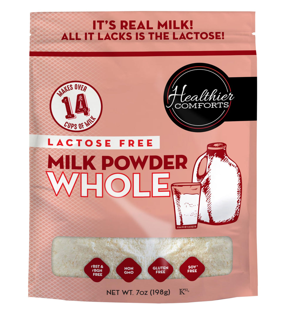 Healthier Comforts lactose-free powder in resealable bag for pantry staple use.