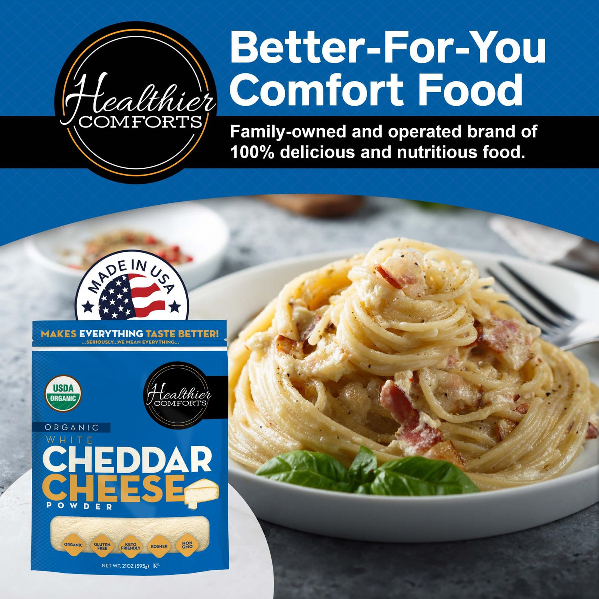 Healthier Comforts made in USA organic white cheddar cheese powder