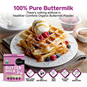 Healthier Comforts Organic Buttermilk Powder resealable bag emphasizes easy storage.