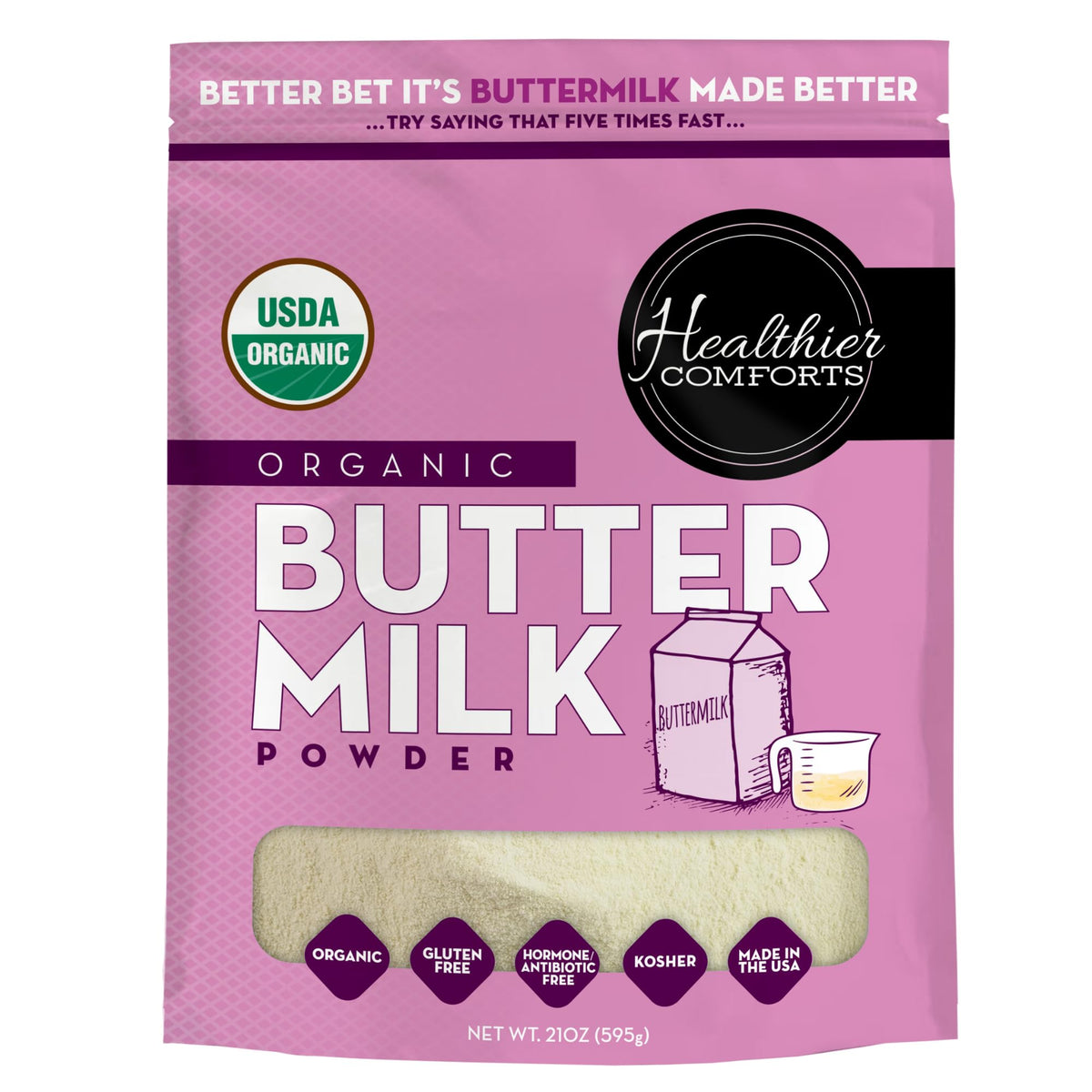 Healthier Comforts Organic Buttermilk Powder bag with resealable packaging for pantry storage.
