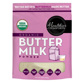 Healthier Comforts Organic Buttermilk Powder bag with resealable packaging for pantry storage.