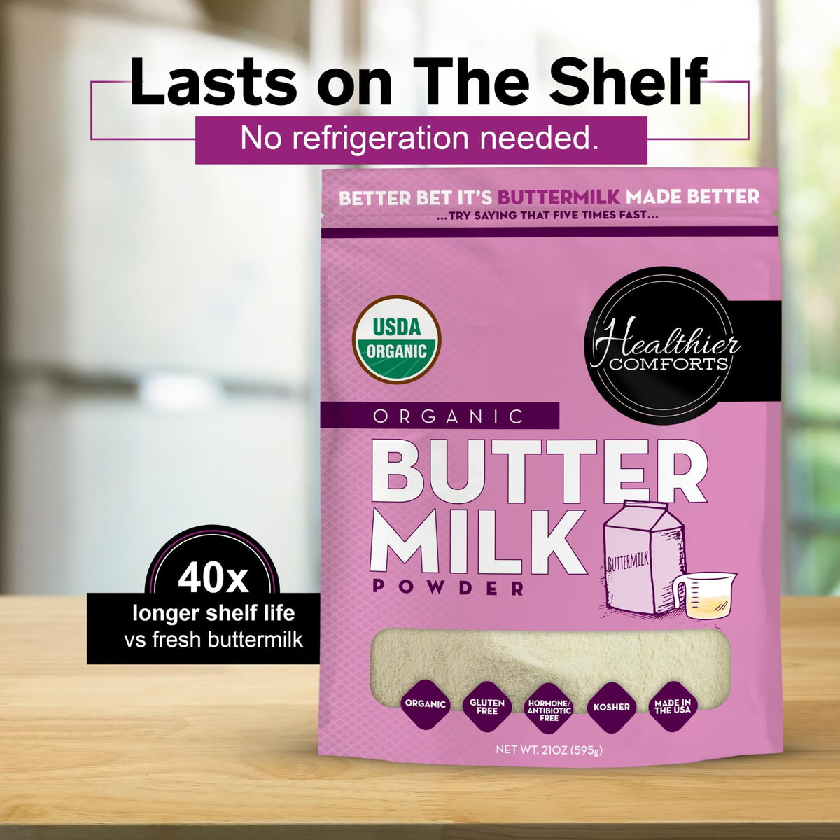 Healthier Comforts Organic Buttermilk Powder biscuits dough, showcasing versatile baking use.