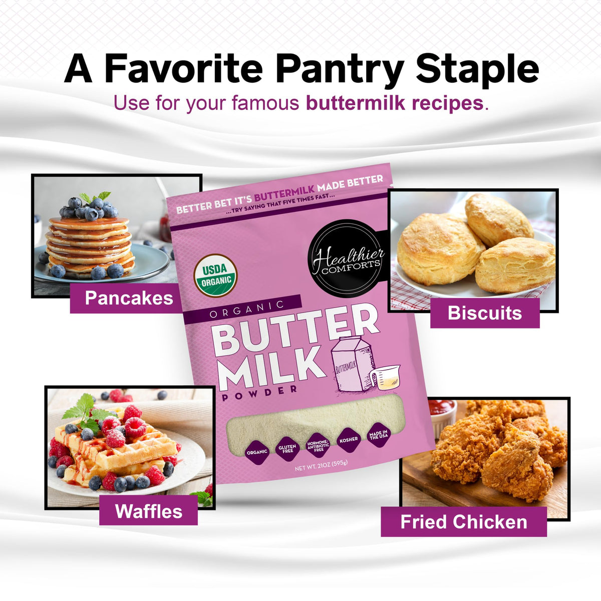 Healthier Comforts Organic Buttermilk Powder kitchen shelf, perfect for long-term meal prep.