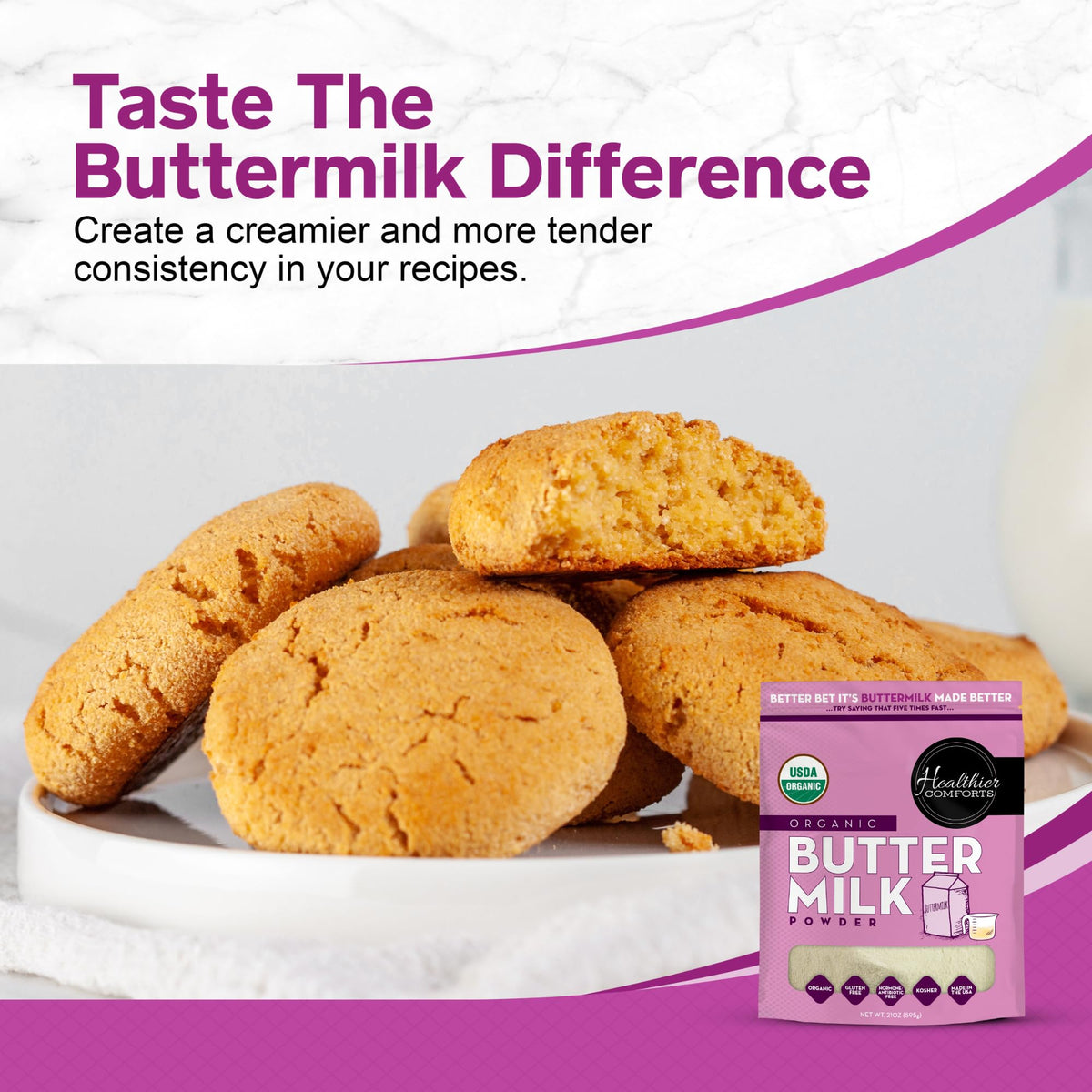 Healthier Comforts Organic Buttermilk Powder seal and label, highlighting US dairy sourcing.