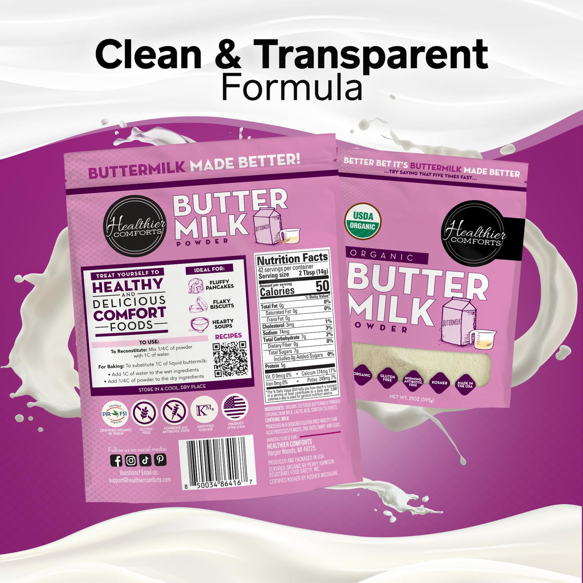 Healthier Comforts Organic Buttermilk Powder pancake batter use for fluffy results.