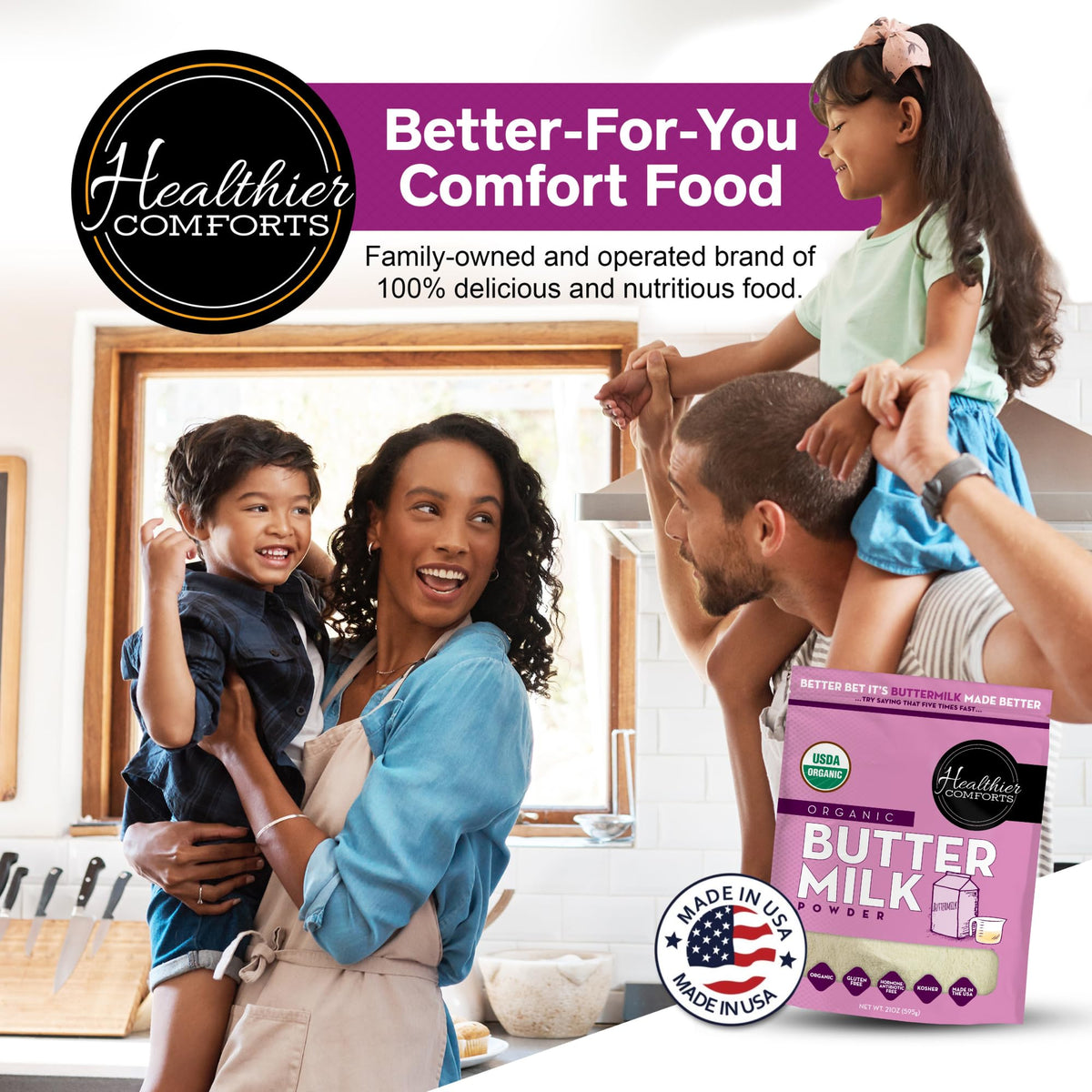 Healthier Comforts Organic Buttermilk Powder ready-to-use, convenient baking staple.