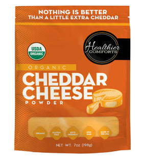Healthier Comforts Organic Cheddar Cheese Powder bag open for pantry use and quick flavor boost