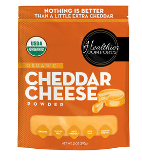 Healthier Comforts organic cheddar cheese powder bag with resealable lid for freshness