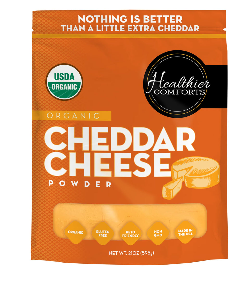 Healthier Comforts organic cheddar cheese powder bag with resealable lid for freshness