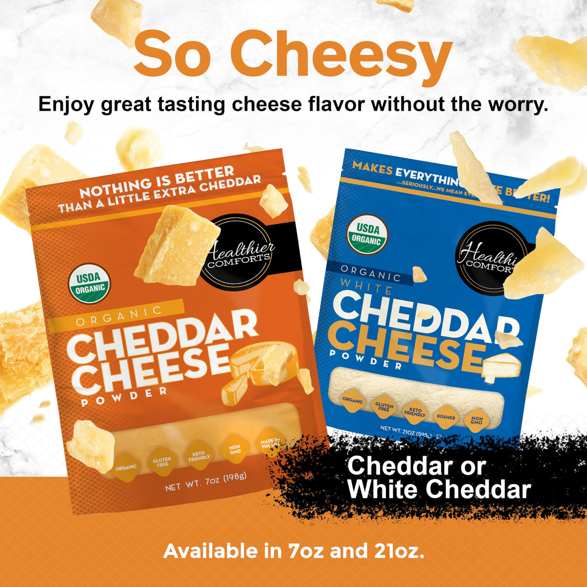 Healthier Comforts Organic Cheddar Cheese Powder mixed into macaroni and cheese