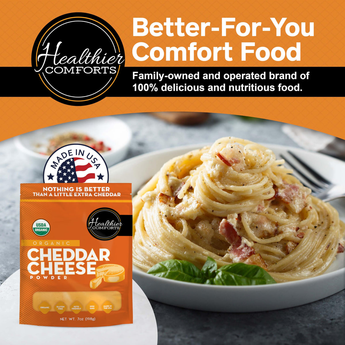 Healthier Comforts Organic Cheddar Cheese Powder non-GMO USDA organic certification