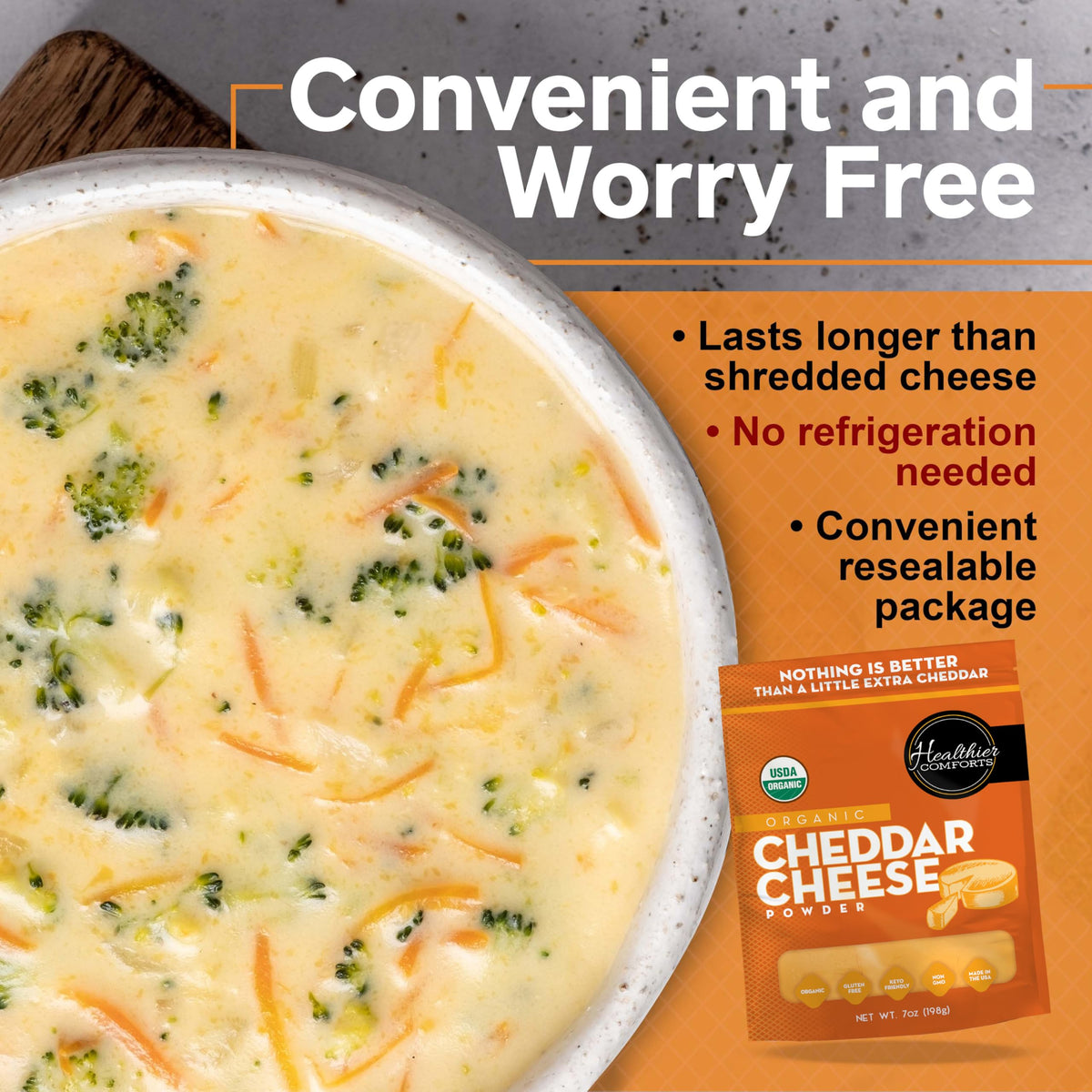 Healthier Comforts Organic Cheddar Cheese Powder resealable bag stored for shelf life