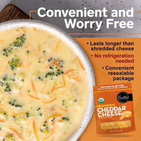 Healthier Comforts Organic Cheddar Cheese Powder resealable bag stored for shelf life