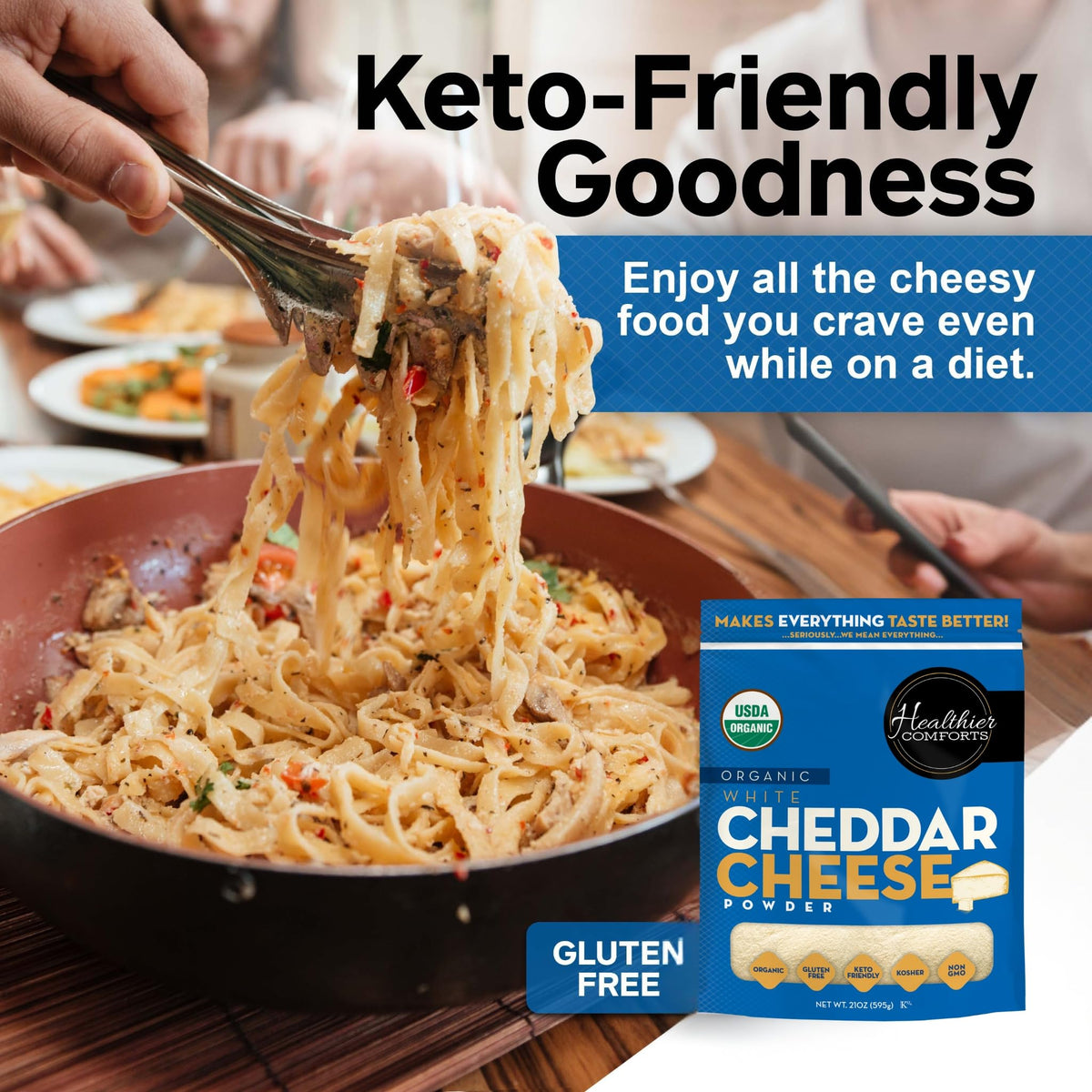 Healthier Comforts organic cheddar powder for Mac and Cheese enhances creaminess