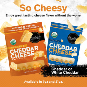 Healthier Comforts organic cheddar powder used in macaroni dish