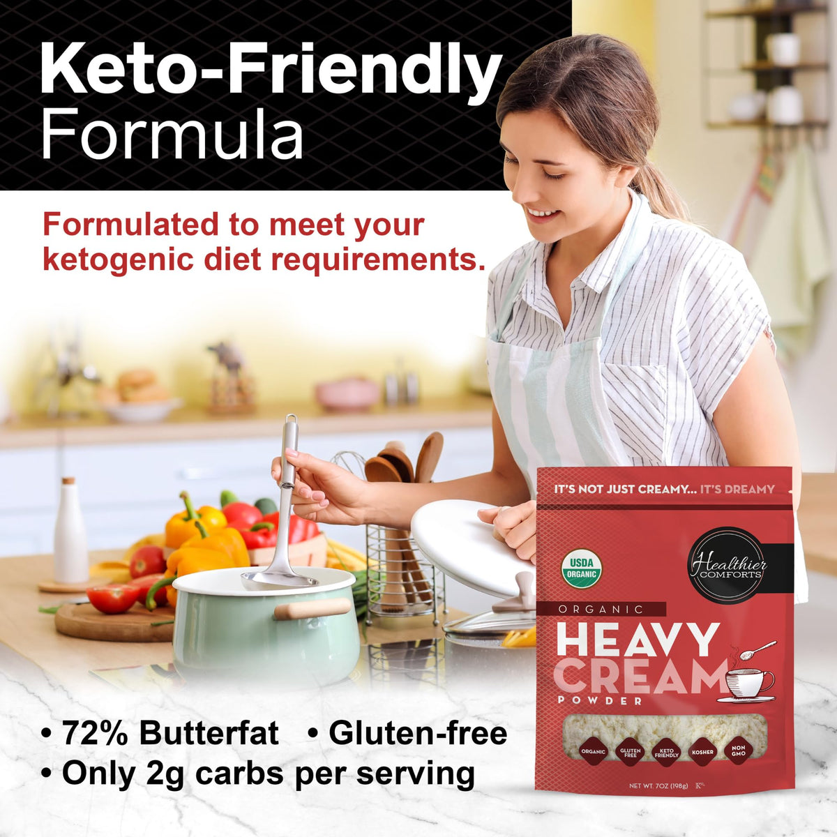 Healthier Comforts powder in a coffee cup demonstrates keto-friendly creamer.