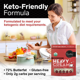 Healthier Comforts powder in a coffee cup demonstrates keto-friendly creamer.
