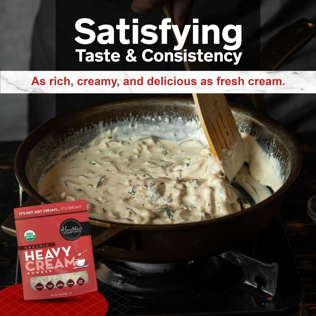 Healthier Comforts powder added to pasta sauce for extra creaminess.