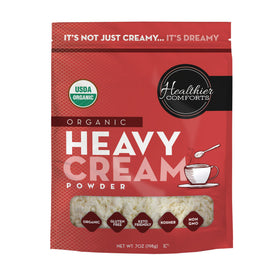Healthier Comforts packaging shows organic heavy cream powder for pantry storage.