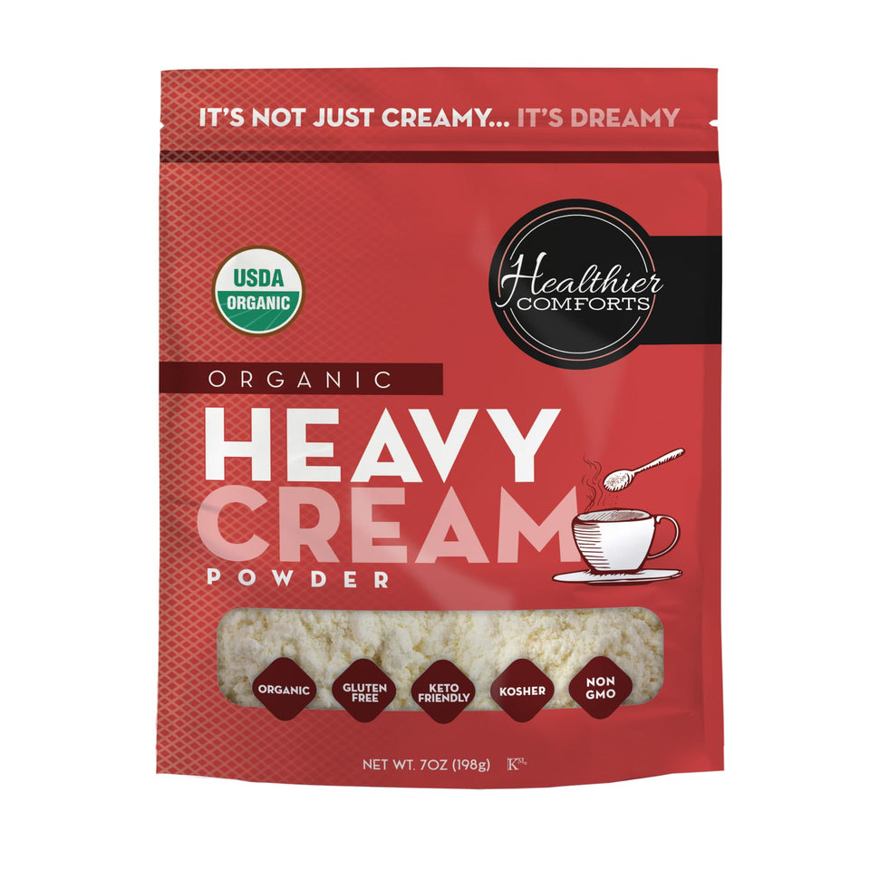Healthier Comforts packaging shows organic heavy cream powder for pantry storage.