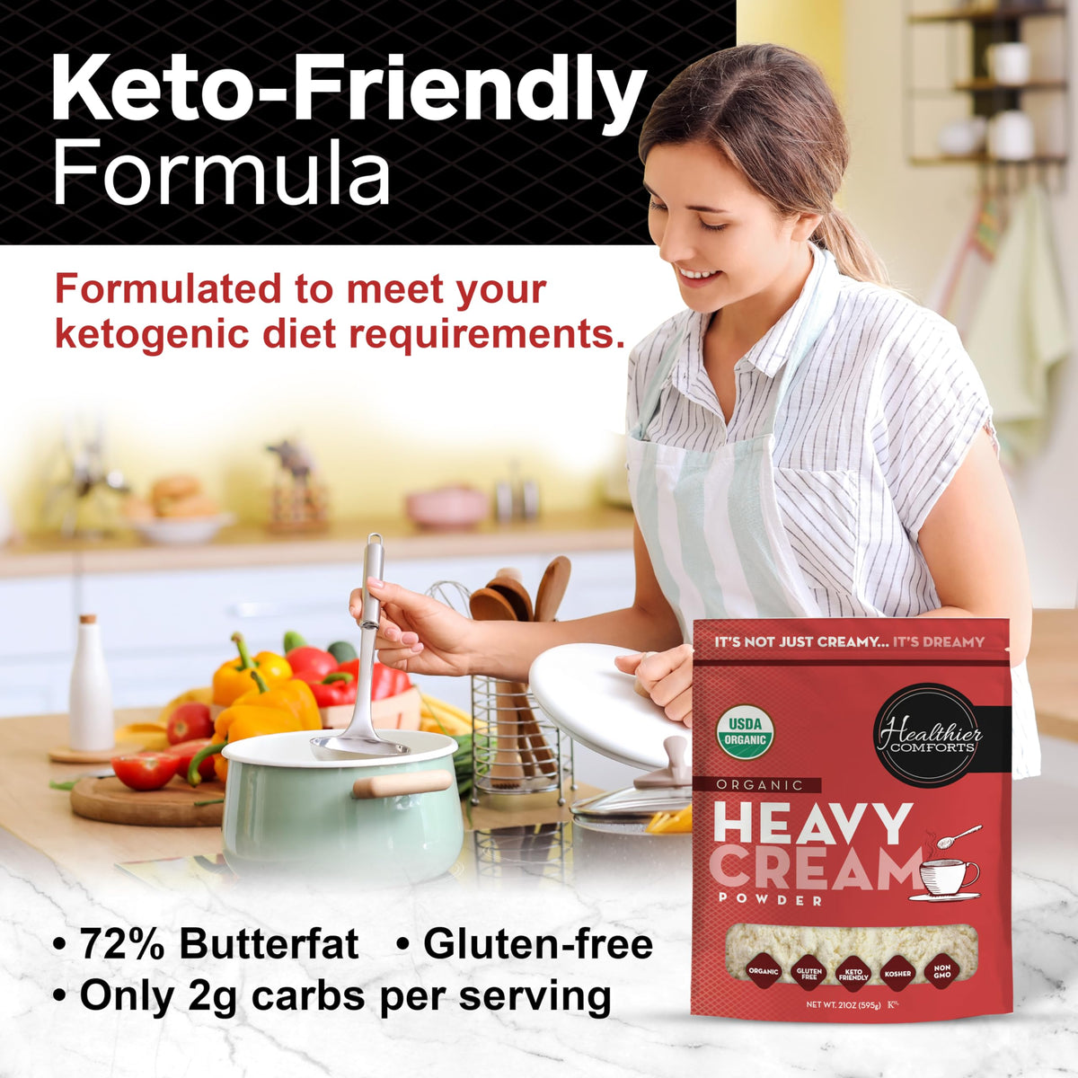 Healthier Comforts organic cream powder enriched pasta sauce preparation.