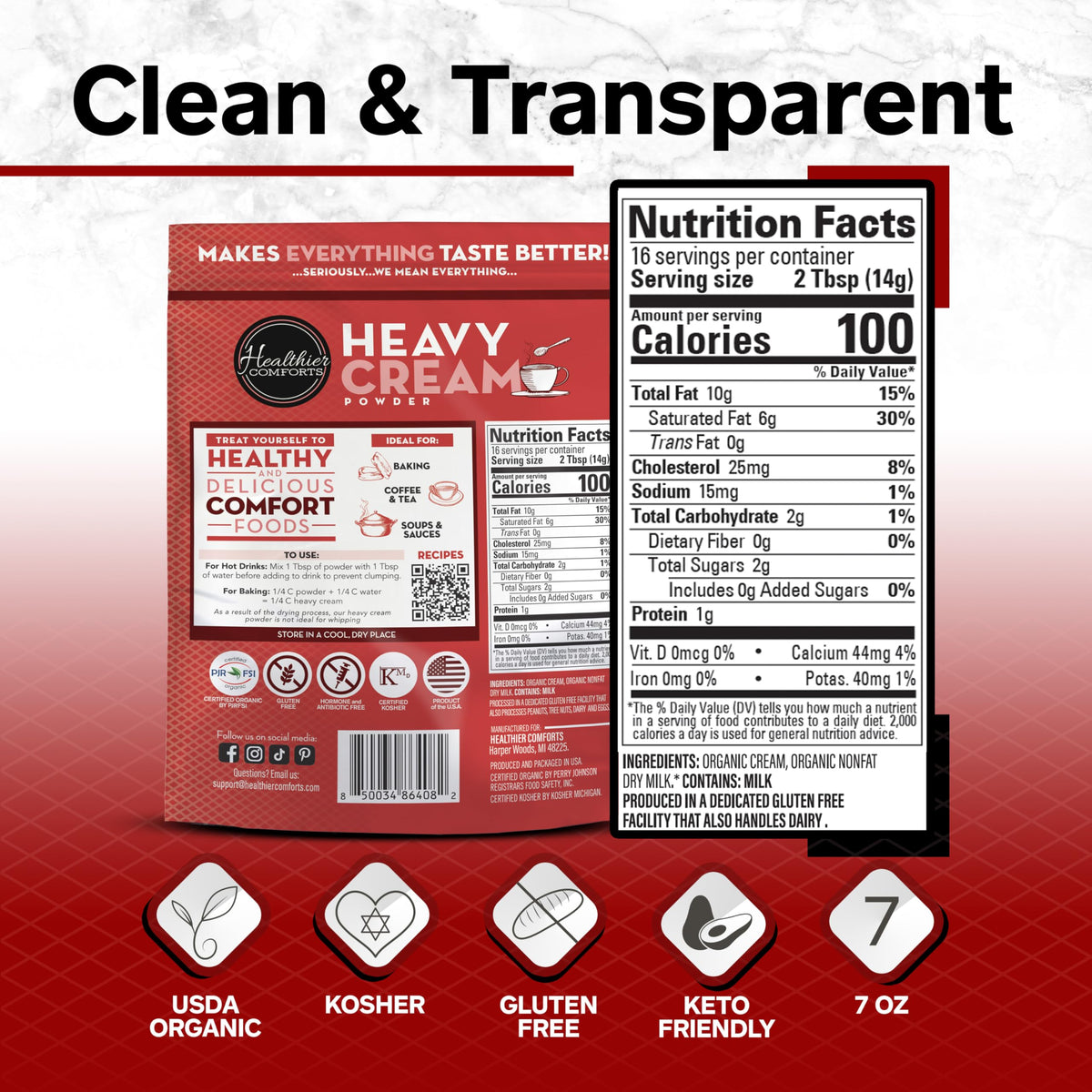 Healthier Comforts texture close-up reveals rich heavy cream powder for dairy substitutes.