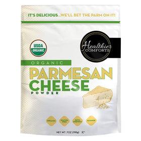 Healthier Comforts Organic Parmesan Cheese Powder bottle adds savory keto-friendly flavor.