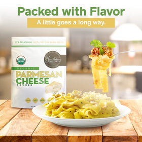 Healthier Comforts Organic Parmesan Cheese Powder baked into bread for cheesy bite.