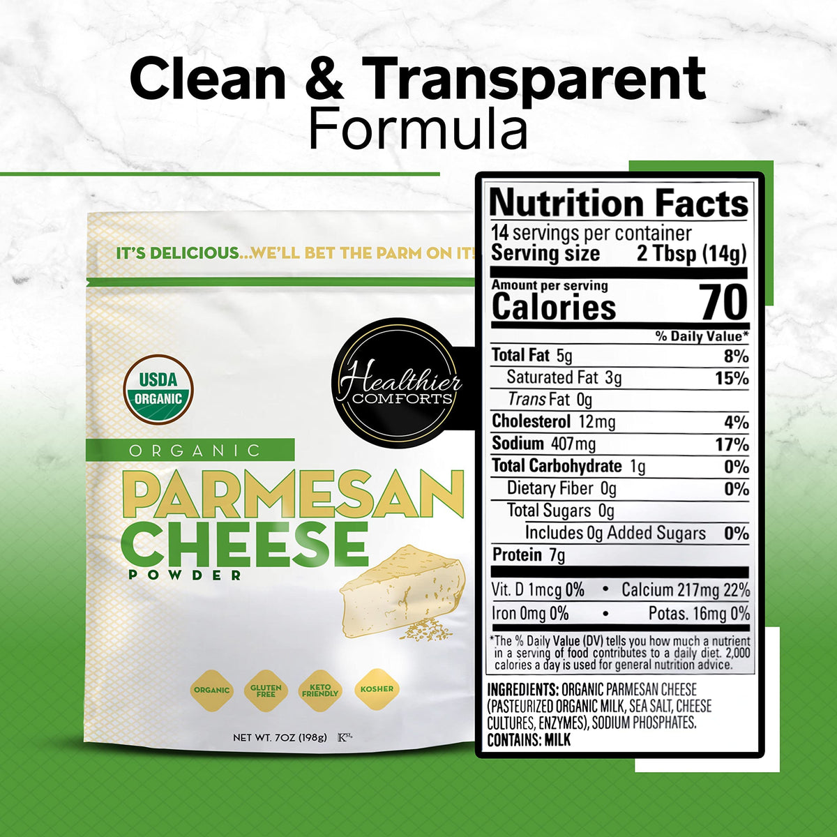 Healthier Comforts Organic Parmesan Cheese Powder kitchen scene showing versatile seasoning.