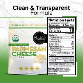 Healthier Comforts Organic Parmesan Cheese Powder kitchen scene showing versatile seasoning.