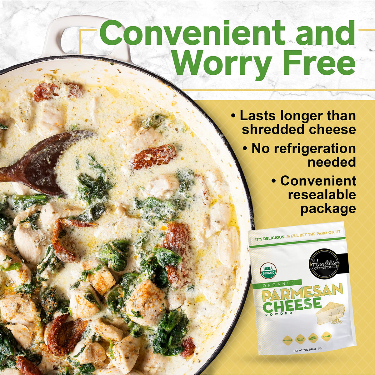 Healthier Comforts Organic Parmesan Cheese Powder enhances homemade macaroni and cheese.