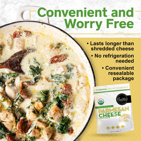 Healthier Comforts Organic Parmesan Cheese Powder enhances homemade macaroni and cheese.