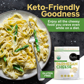 Healthier Comforts Organic Parmesan Cheese Powder packaging ready for storage and use.