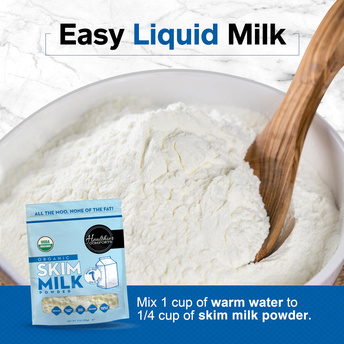 Healthier Comforts Organic Skim Milk Powder measured for baking and sauces