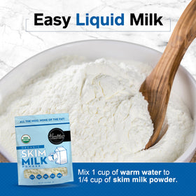 Healthier Comforts Organic Skim Milk Powder measured for baking and sauces