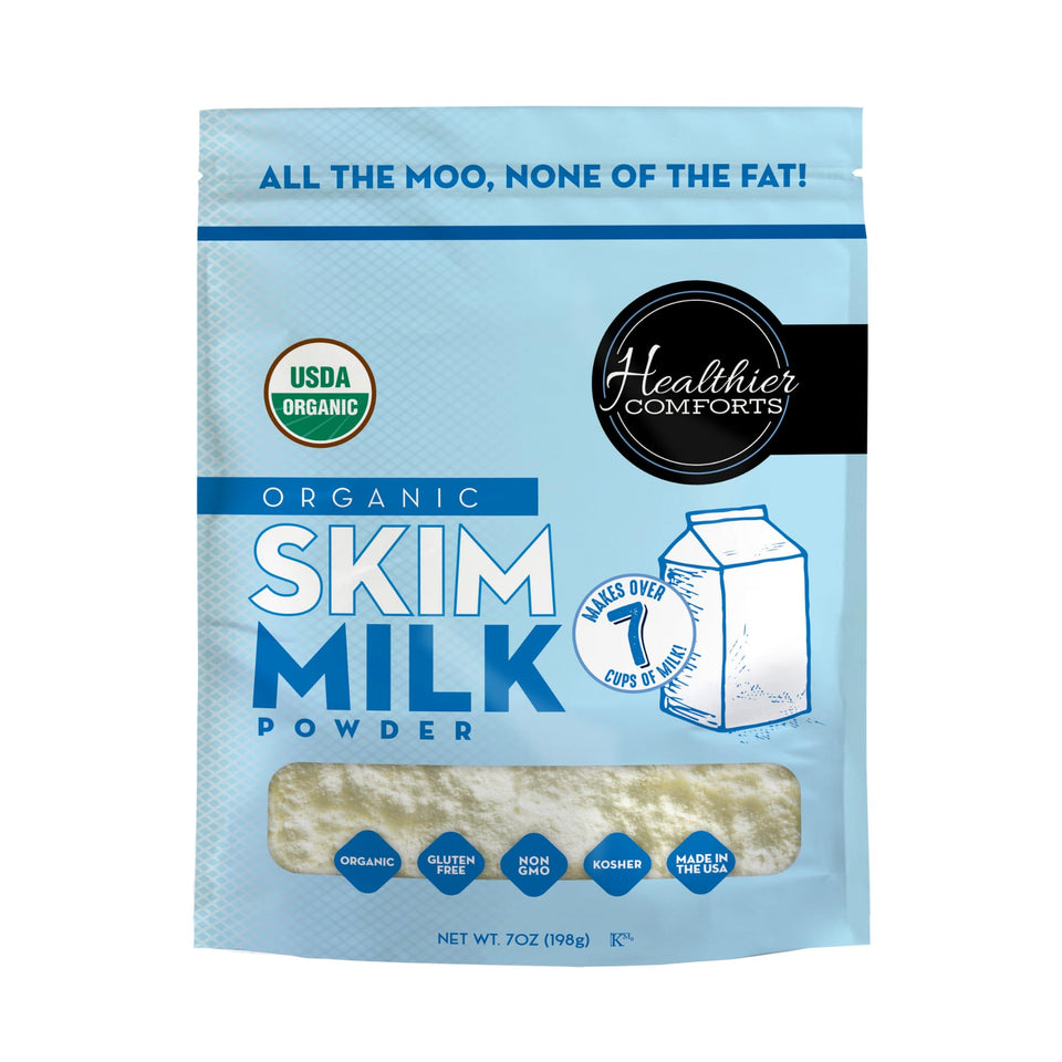 Healthier Comforts Organic Skim Milk Powder canister on pantry shelf for easy access