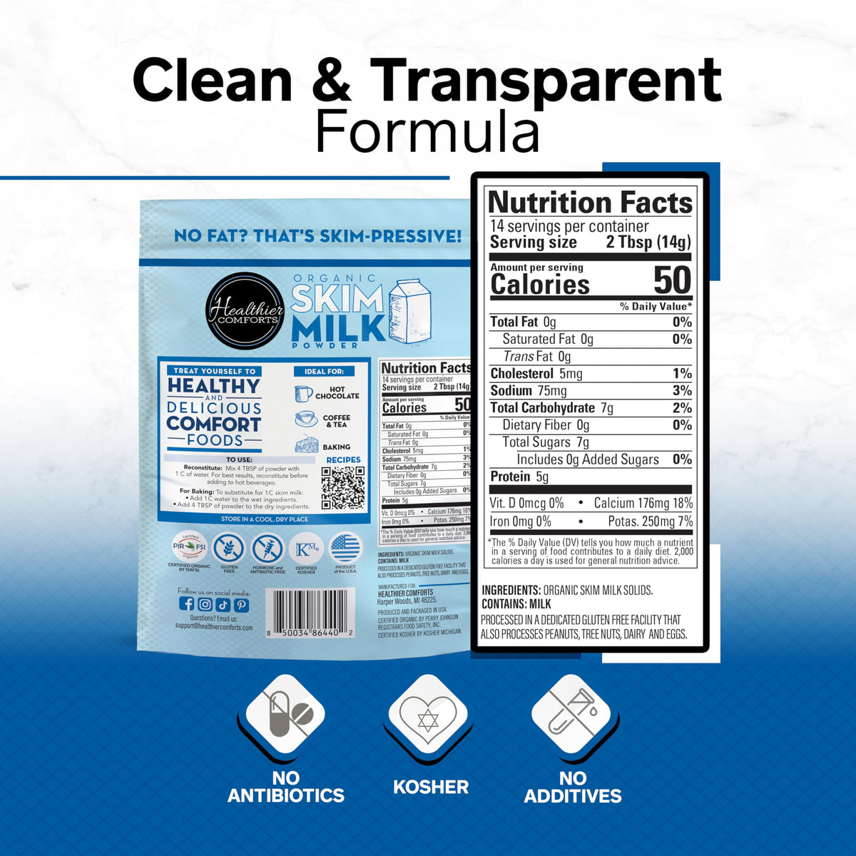 Healthier Comforts Organic Skim Milk Powder label indicating kosher and gluten-free options