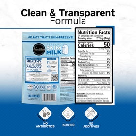 Healthier Comforts Organic Skim Milk Powder label indicating kosher and gluten-free options