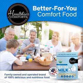 Healthier Comforts Organic Skim Milk Powder packaging and USA origin indicator