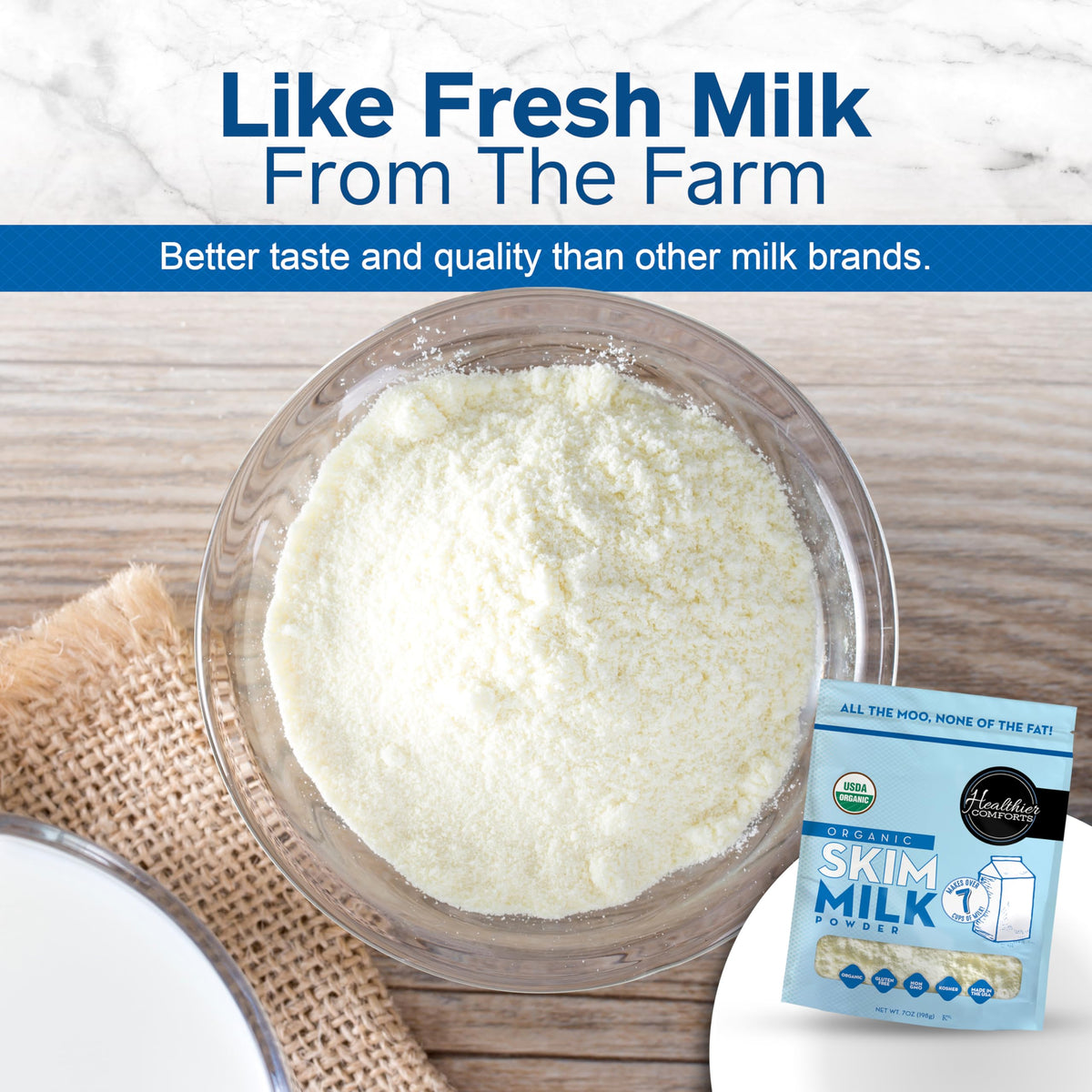 Healthier Comforts Organic Skim Milk Powder in a smoothie for a creamy texture