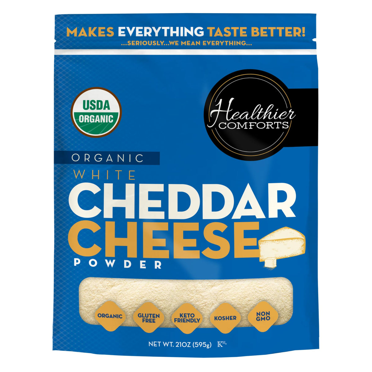 Healthier Comforts organic white cheddar cheese powder in a resealable bag for easy storage and flavor