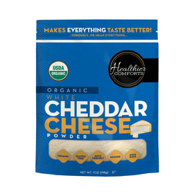 Healthier Comforts Organic White Cheddar Powder in resealable bag for long-term storage
